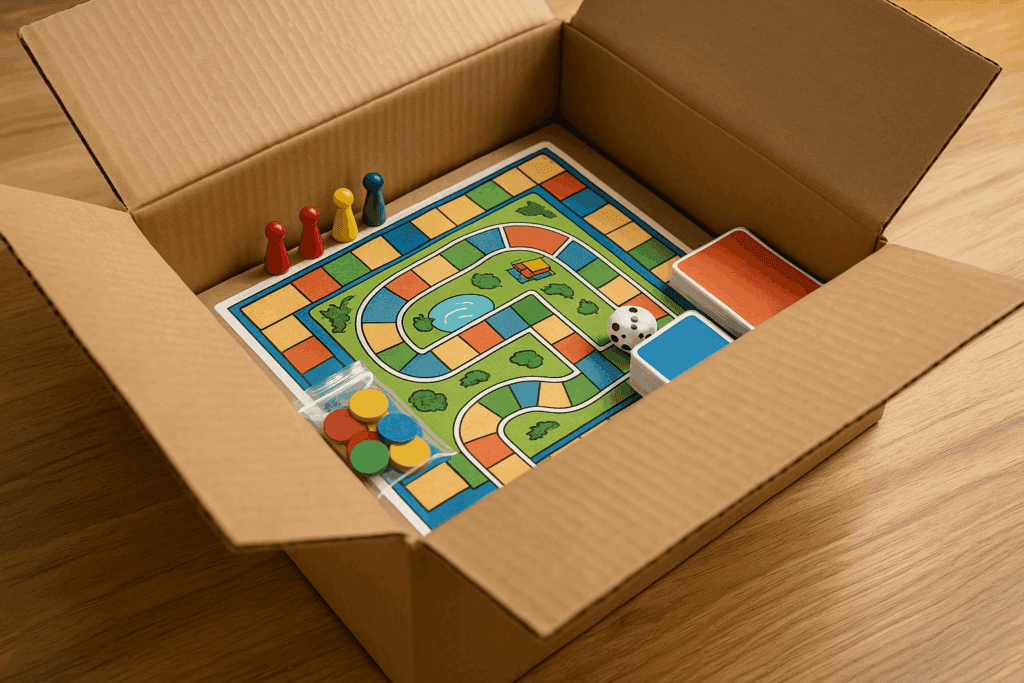 Board game laid flat inside an open shipping carton