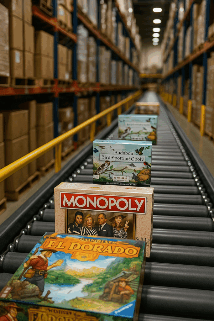 Board games including Monopoly on a conveyor in a warehouse aisle