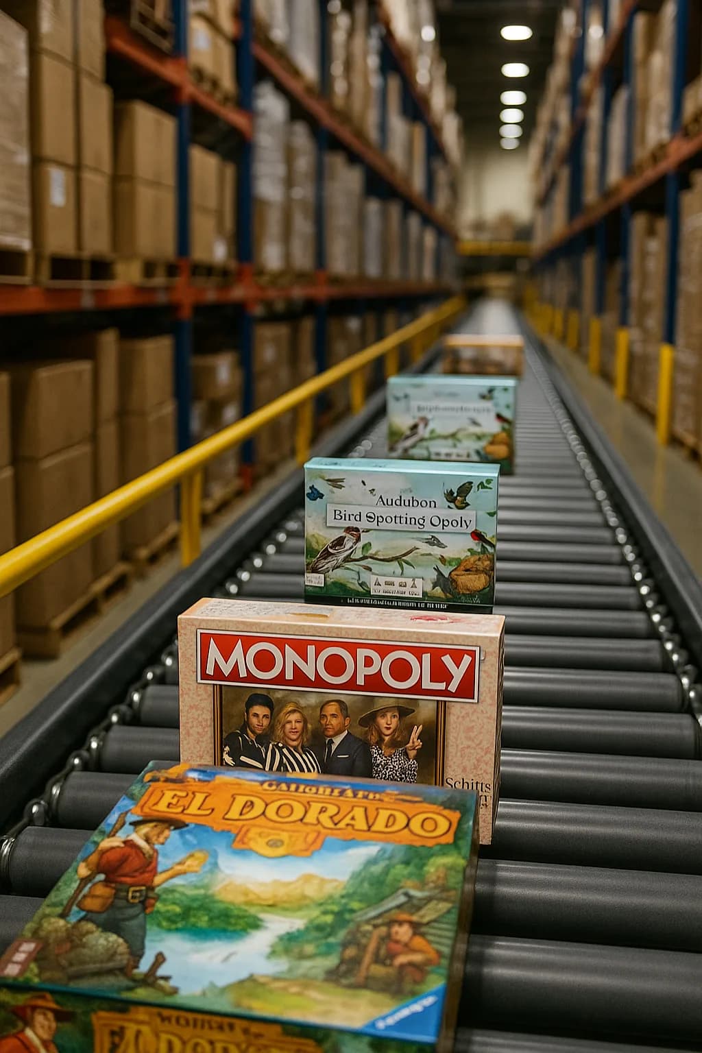 Board games including Monopoly and El Dorado moving along a warehouse conveyor