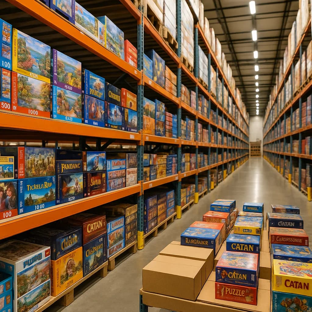 Board game boxes such as Catan stacked in cartons beside shelves of games
