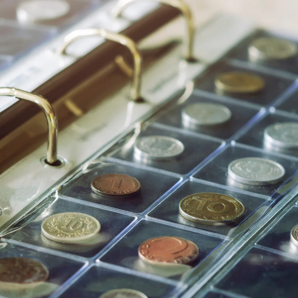 Coin collection stored in a binder of protective sleeves