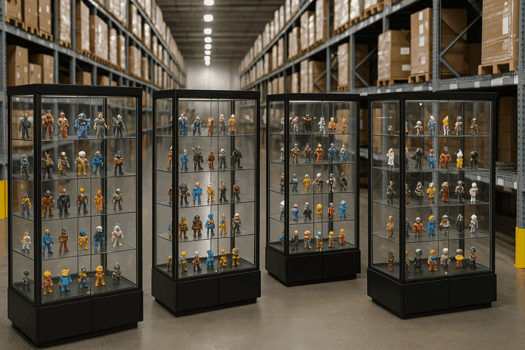 Glass display cases of collectible figurines in a warehouse aisle