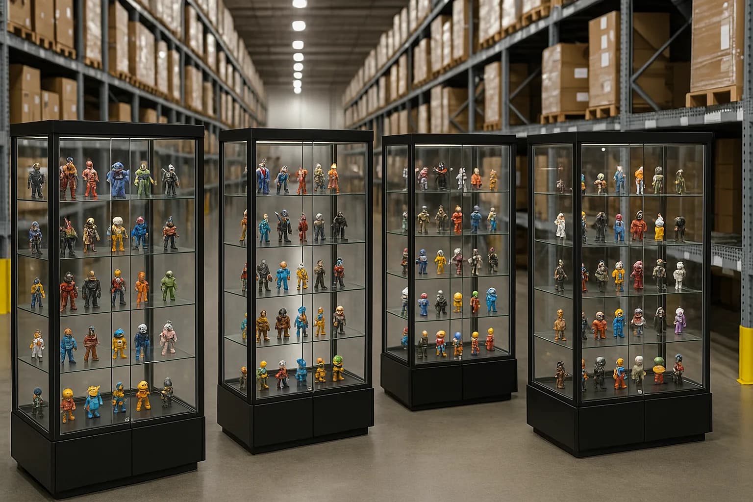 Lit display cases full of collectible figurines stored in a warehouse
