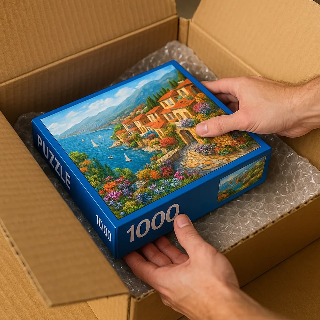 Hands placing a 1000-piece puzzle box into a shipping carton lined with bubble wrap
