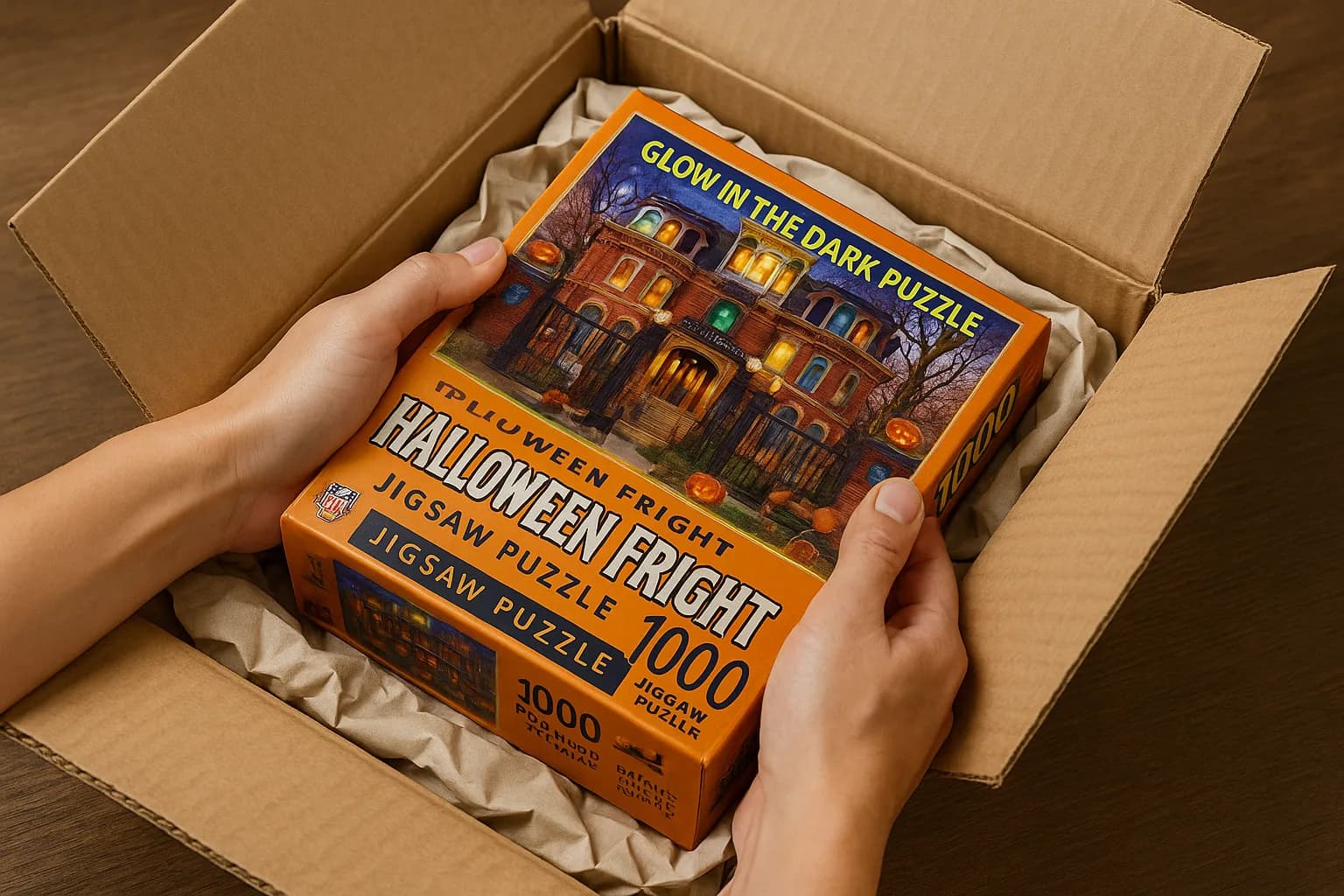 Hands packing a glow-in-the-dark Halloween jigsaw puzzle into a shipping box