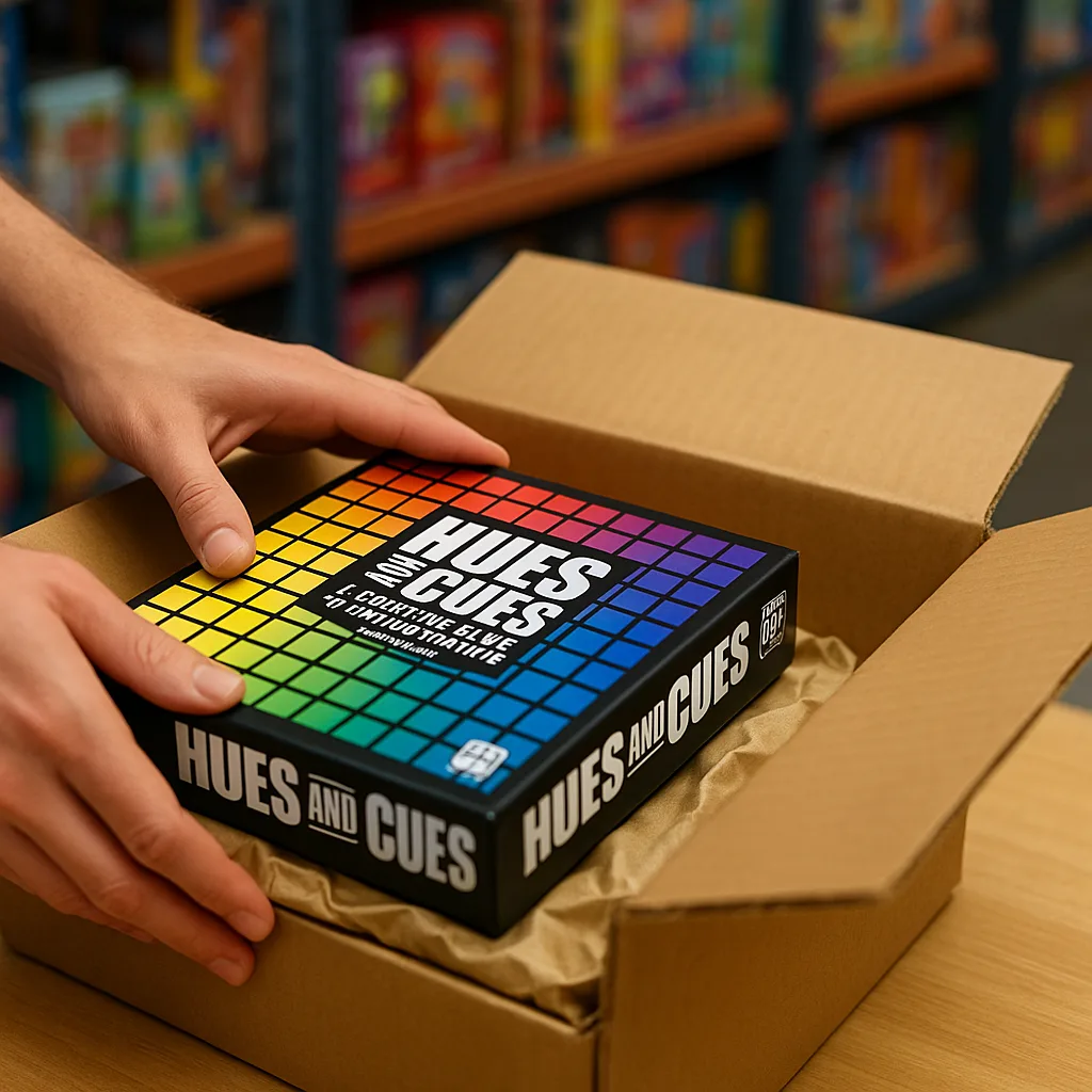 Hands packing a Hues and Cues board game into a shipping carton