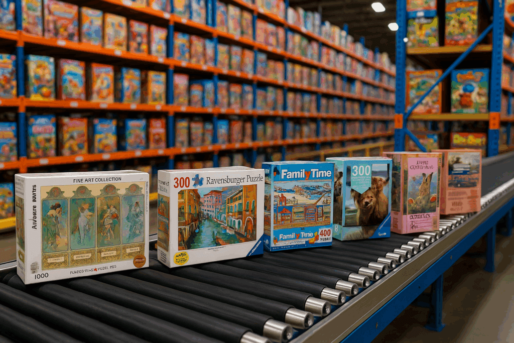 Puzzle boxes riding a roller conveyor past fully stocked warehouse shelves