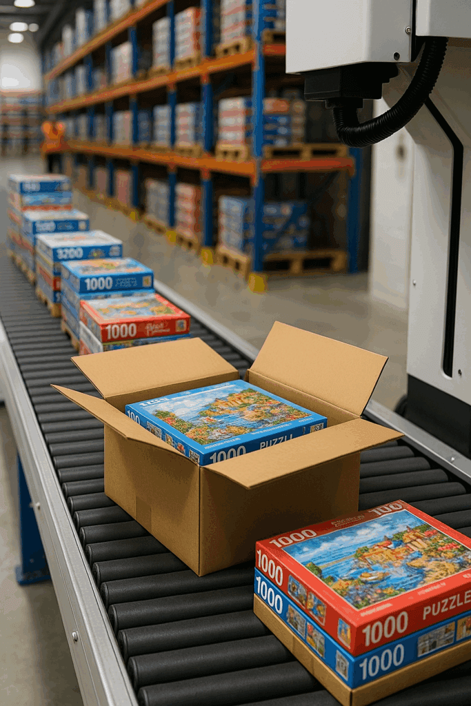 Puzzle boxes packed in cartons on a conveyor next to a packing machine