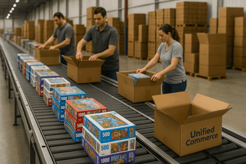 Team packing puzzle boxes into Unified Commerce cartons on a conveyor