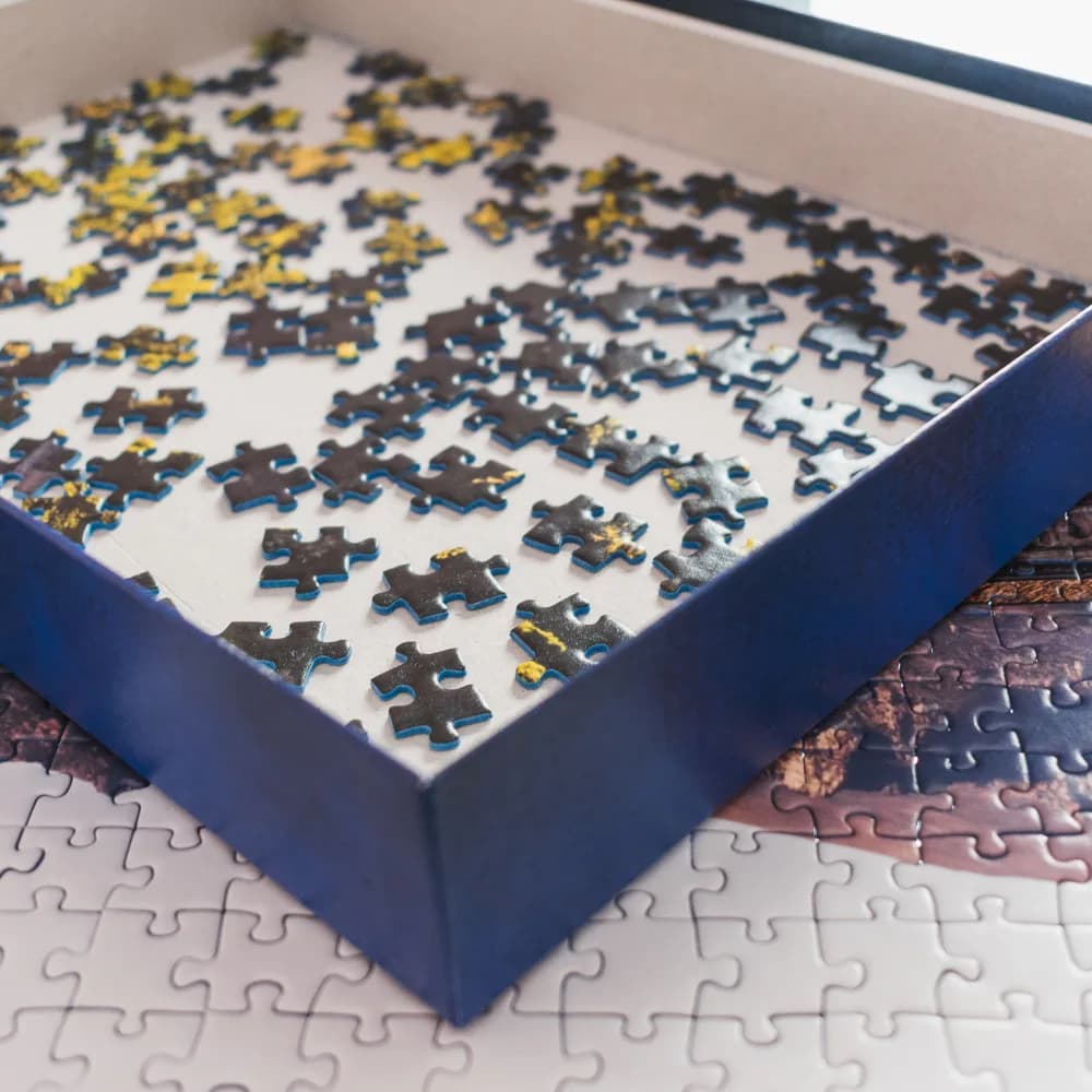 Loose jigsaw puzzle pieces in an open puzzle box