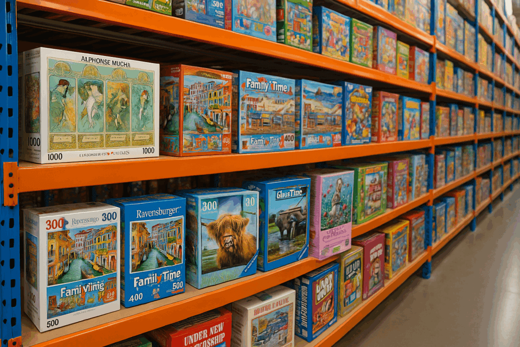 Warehouse shelves stocked with jigsaw puzzle boxes