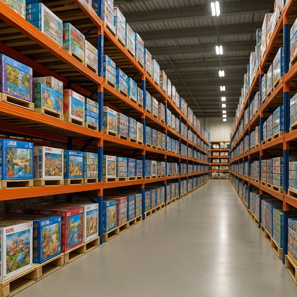 Aisle of tall shelves stocked with puzzle boxes