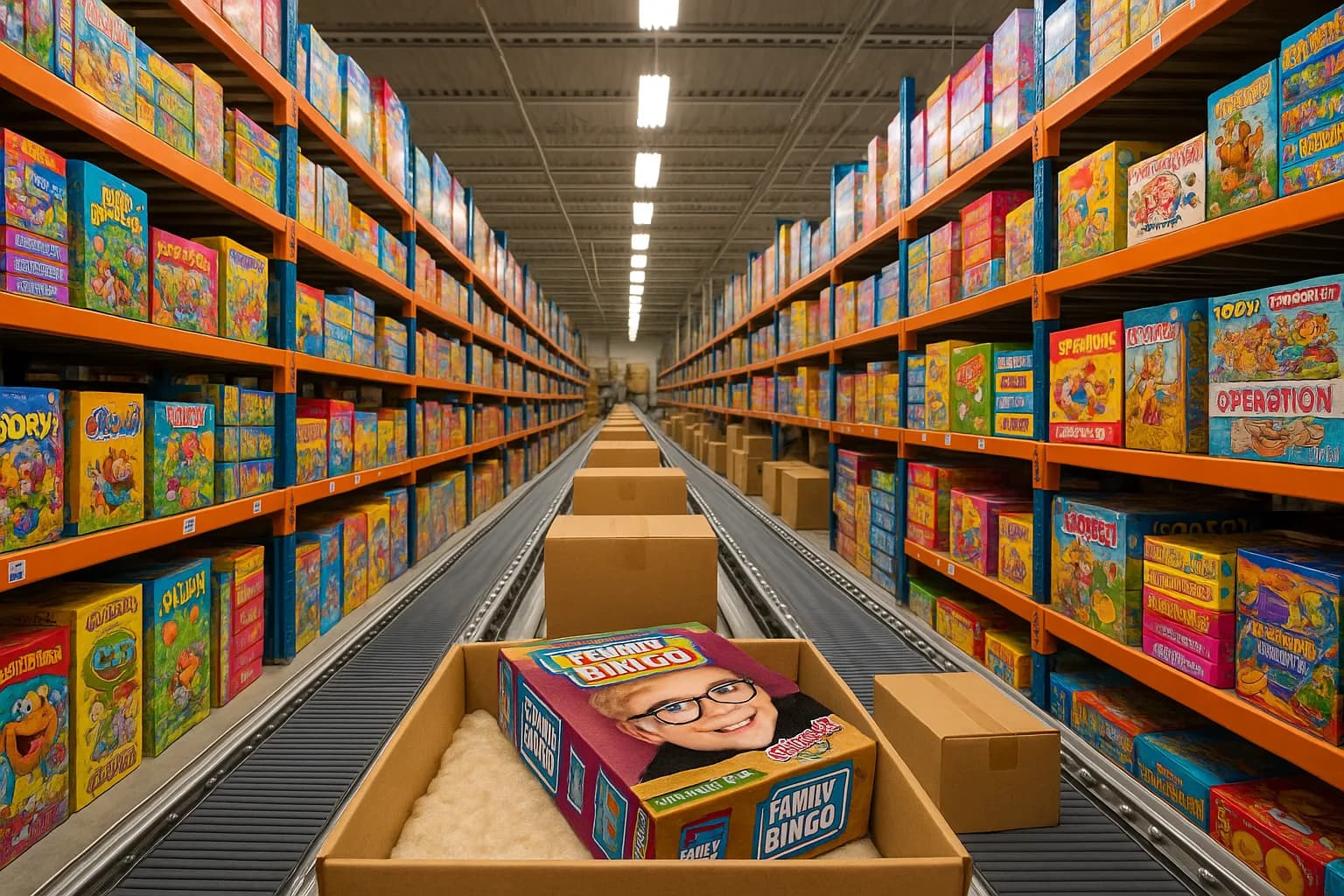 Puzzle box in a shipping carton on a conveyor running between tall shelves of puzzles