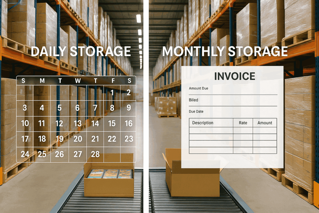 Split warehouse view comparing daily storage, shown as a calendar, with monthly storage, shown as an invoice