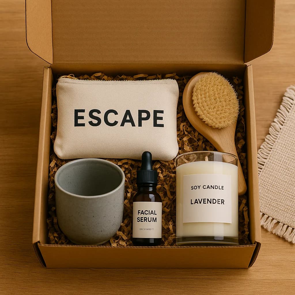 Open subscription box holding a candle, mug, facial serum, brush and an Escape pouch