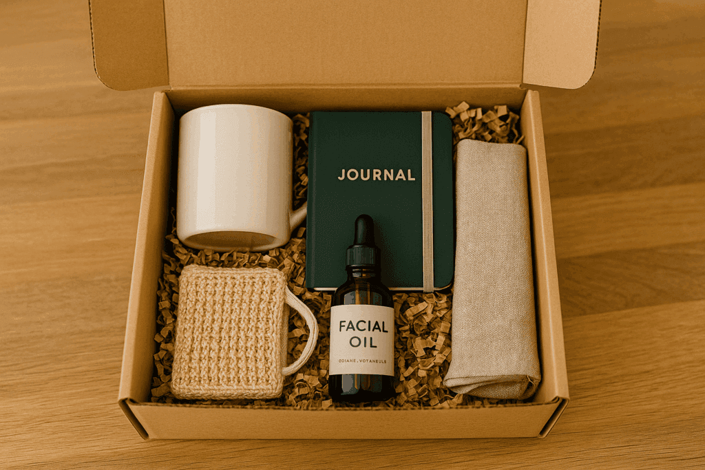 Subscription box packed with a mug, journal, facial oil and a washcloth