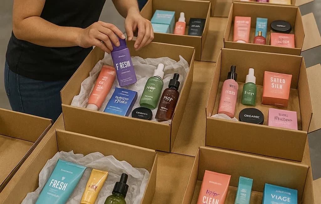 Worker kitting skincare products into rows of subscription boxes