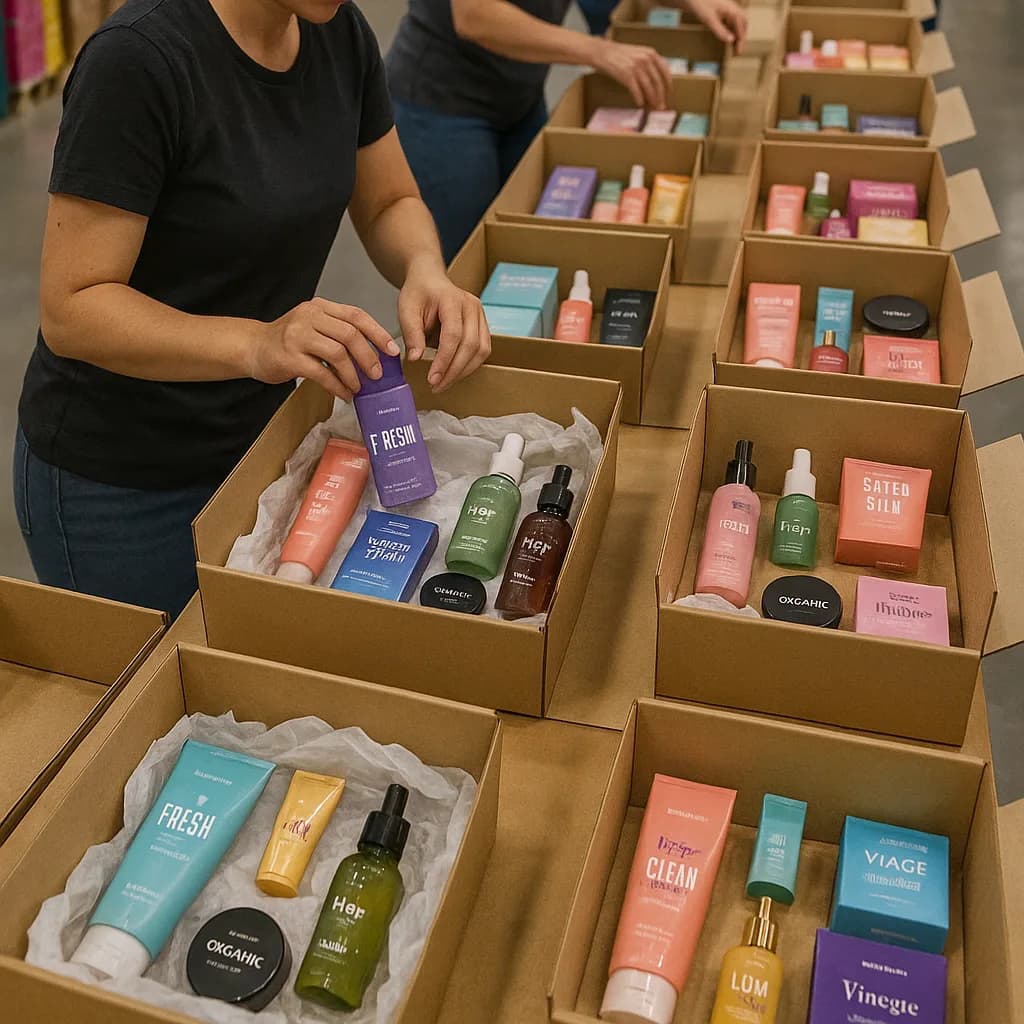 Workers assembling skincare subscription boxes on a packing table