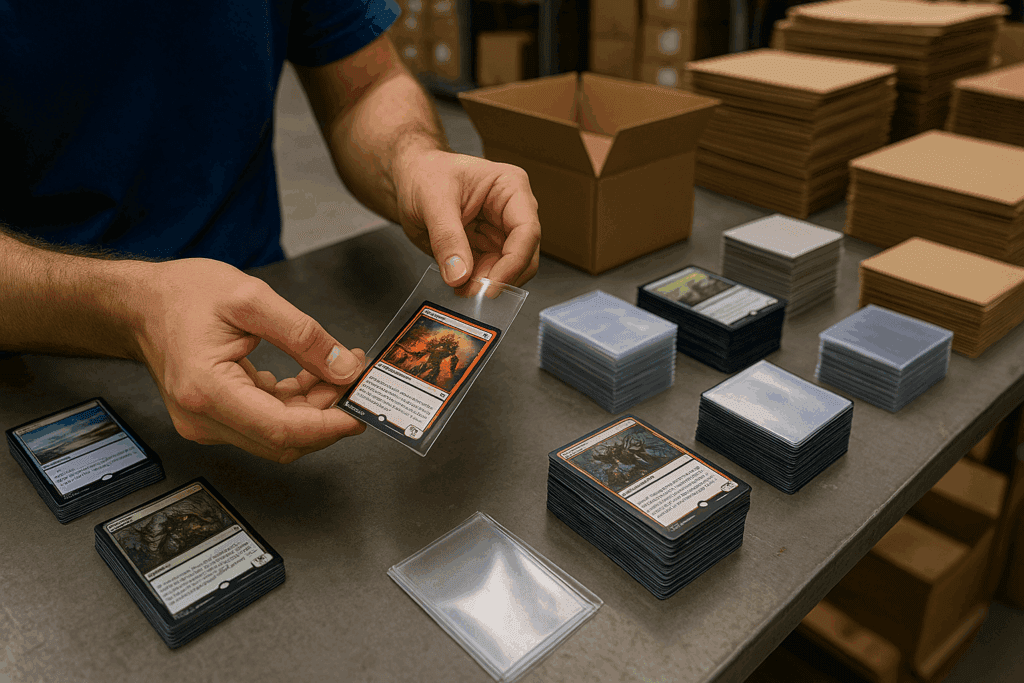 Worker handling trading cards beside stacks of protective sleeves