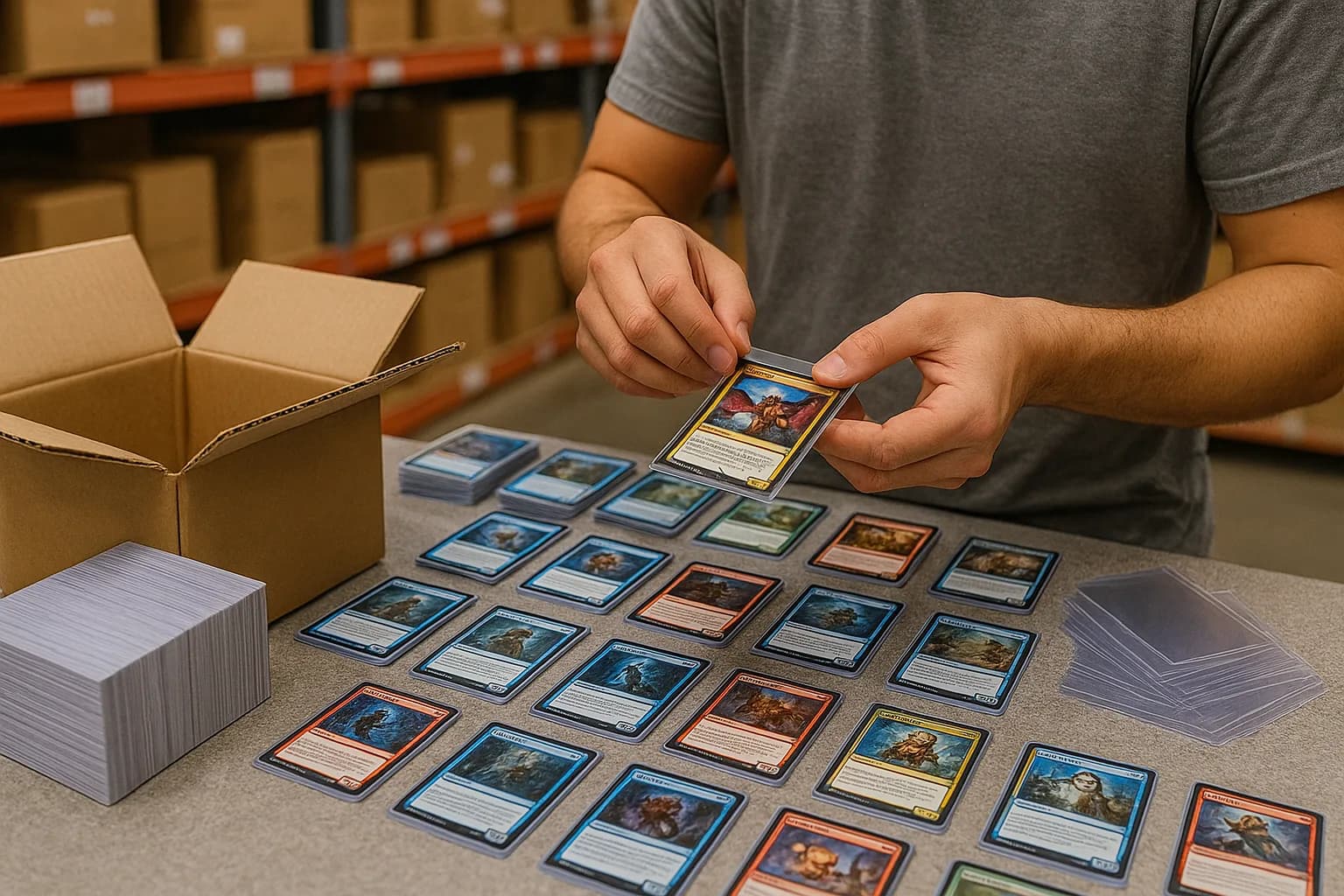 Worker sorting trading cards next to shipping cartons