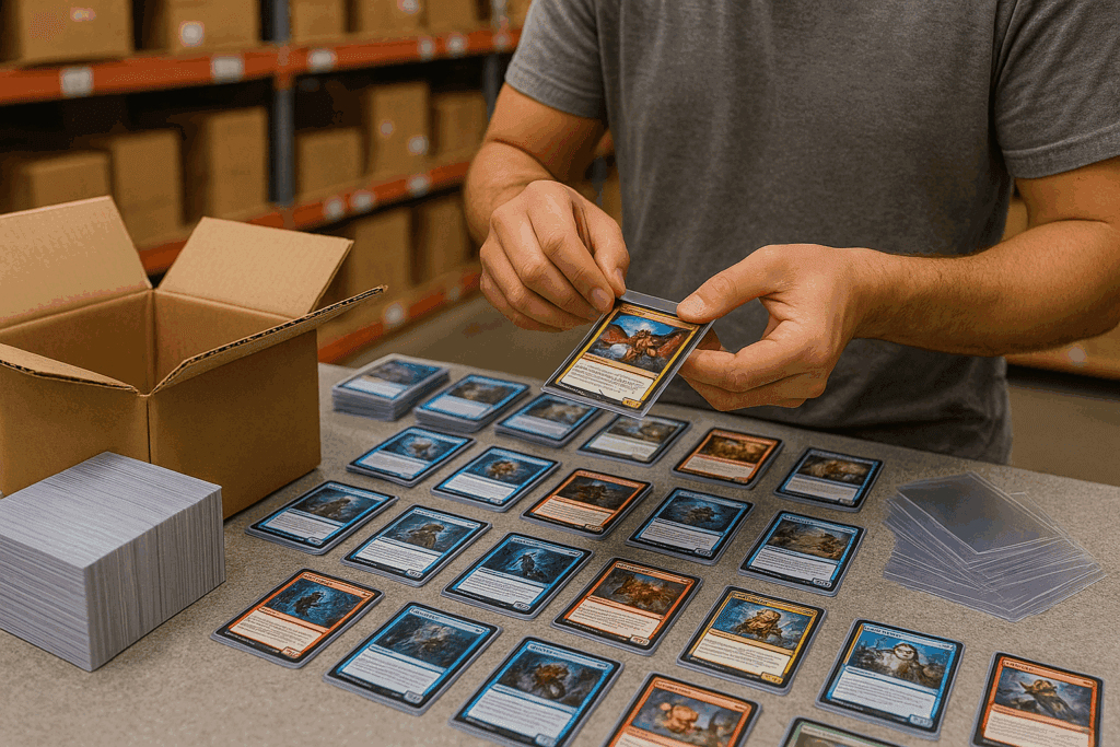 Worker sleeving trading cards at a packing station