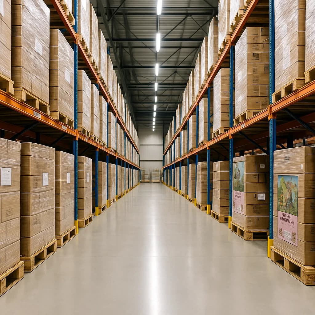 Long warehouse aisle lined with pallet racking full of cartons
