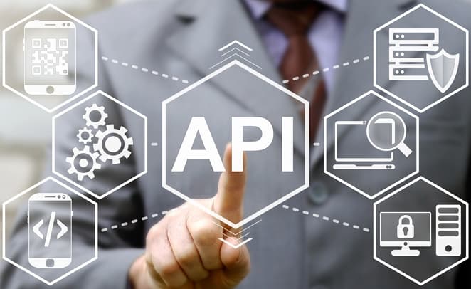 API connection icons linking devices, data and security