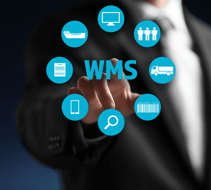 Warehouse management system icons arranged around the letters WMS